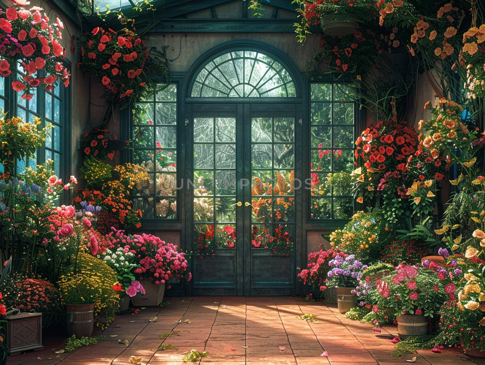 Victorian greenhouse with a collection of exotic plants and flowers