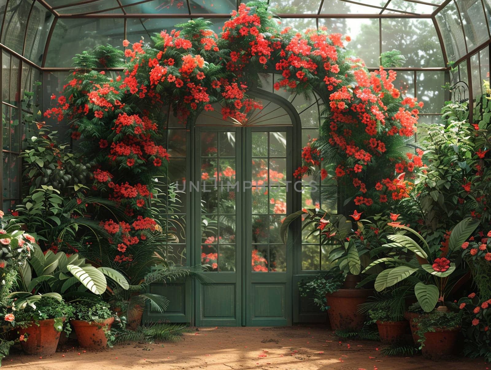 Victorian greenhouse with a collection of exotic plants and flowers