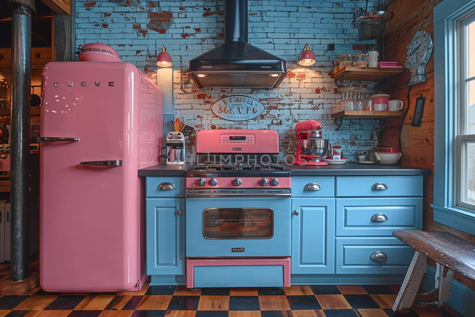 Vintage diner-inspired kitchen with checkered floors and retro appliances by Benzoix