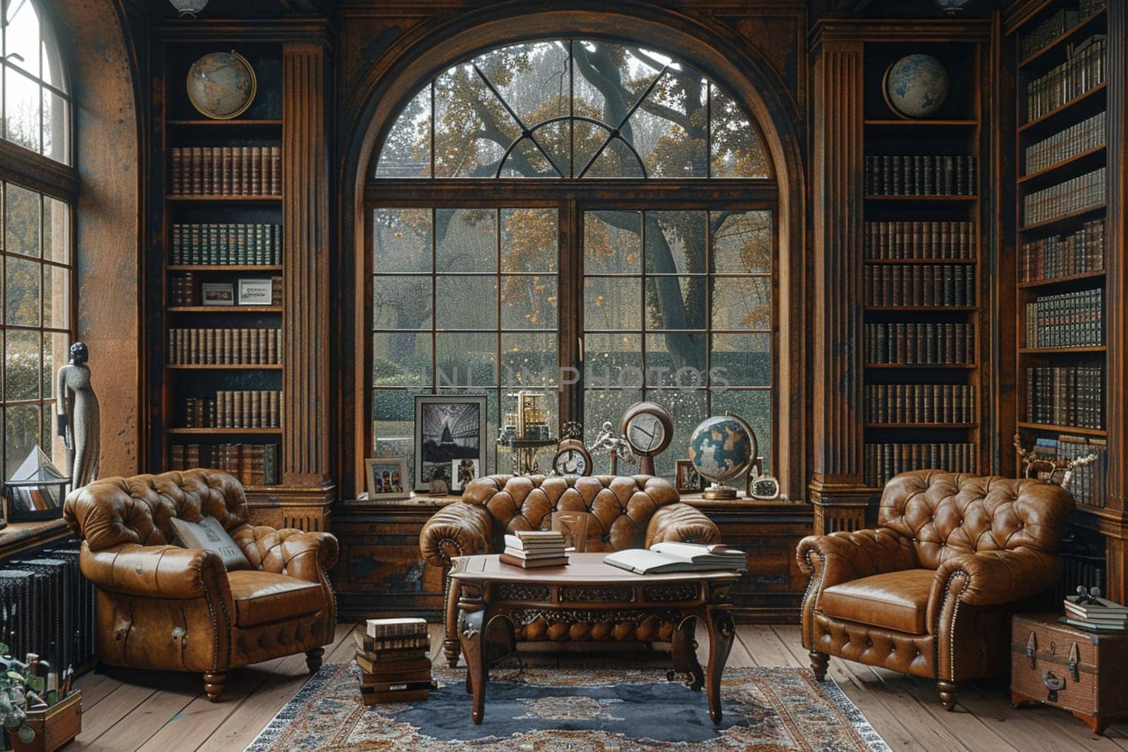 Vintage-inspired study with leather-bound books and a classic writing desk by Benzoix