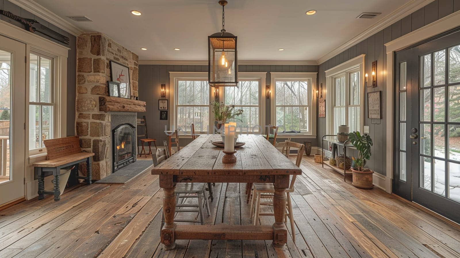 Warm and inviting dining room with a rustic farmhouse table and candle chandelier by Benzoix