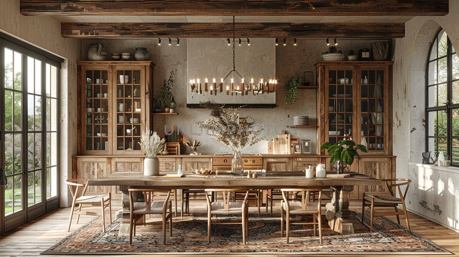 Warm and inviting dining room with a rustic farmhouse table and candle chandelier