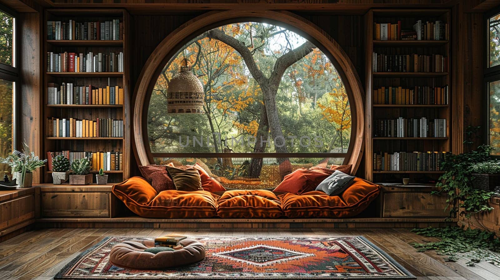 Warm-toned library with built-in bookshelves and a cozy reading nook by Benzoix