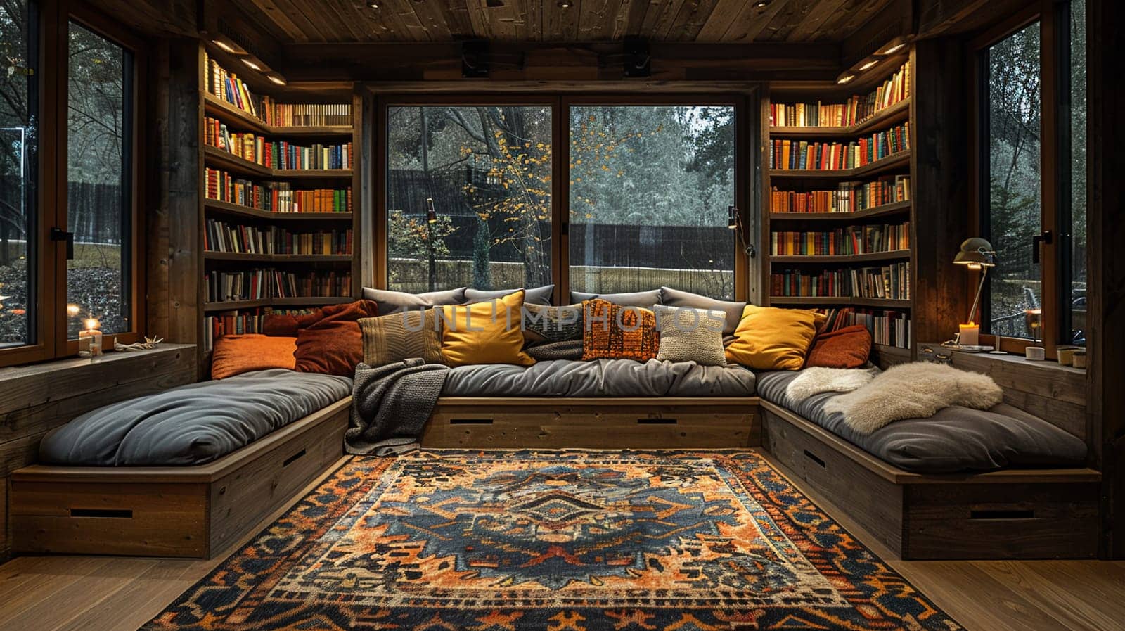 Warm-toned library with built-in bookshelves and a cozy reading nook