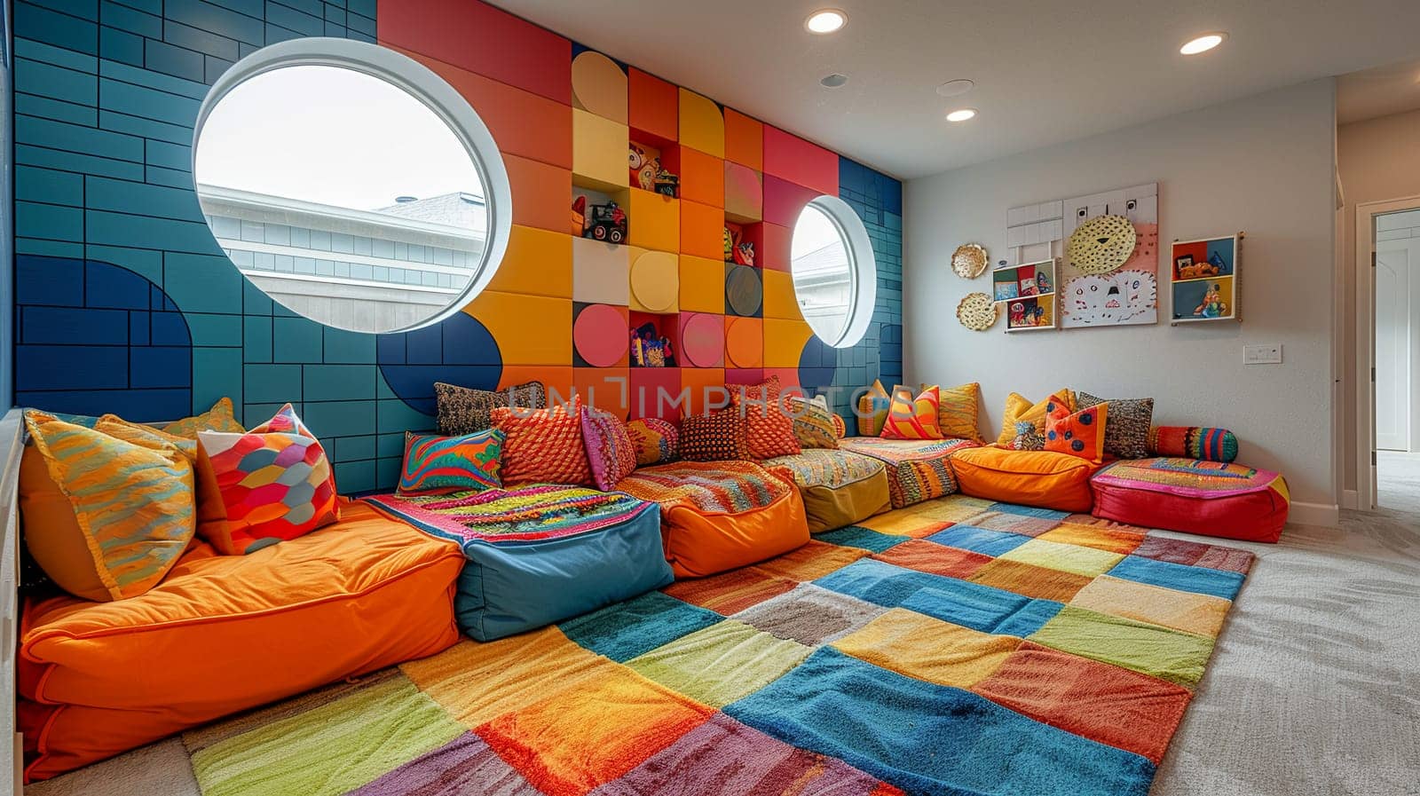 Whimsical childrens playroom with bright colors and imaginative decor by Benzoix