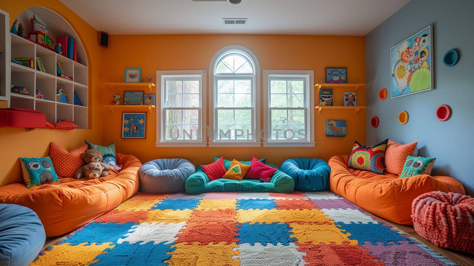 Whimsical children's playroom with bright colors and imaginative decor