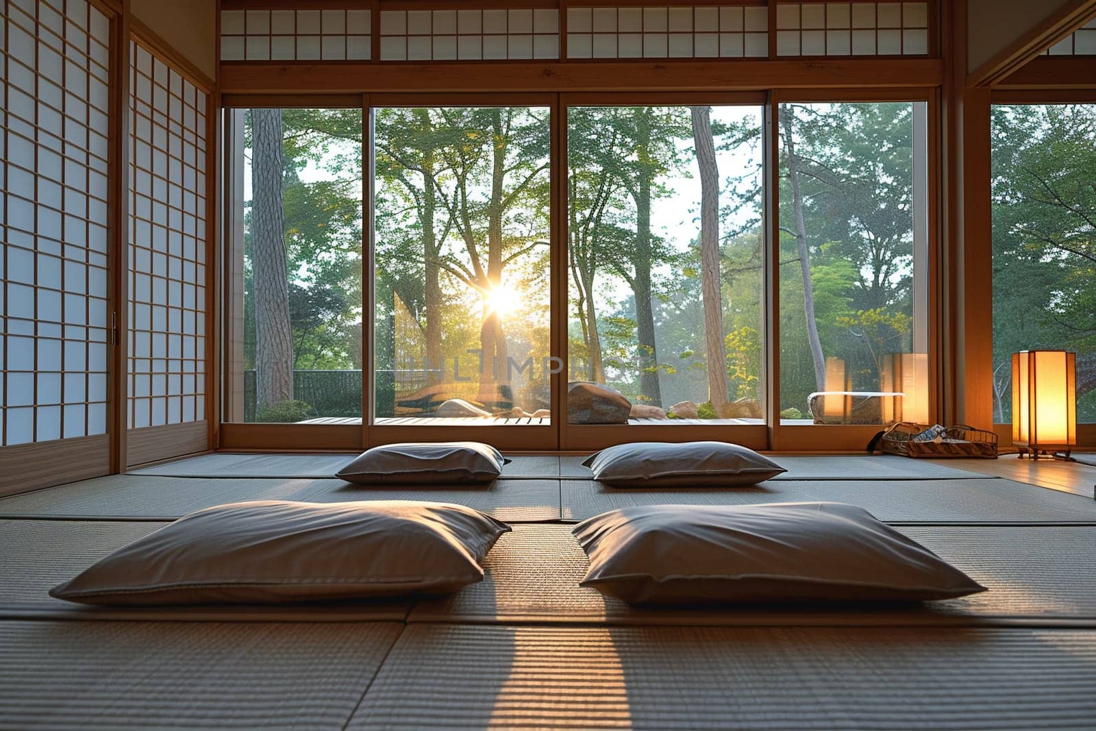 Zen meditation room with tatami mats a low table by Benzoix