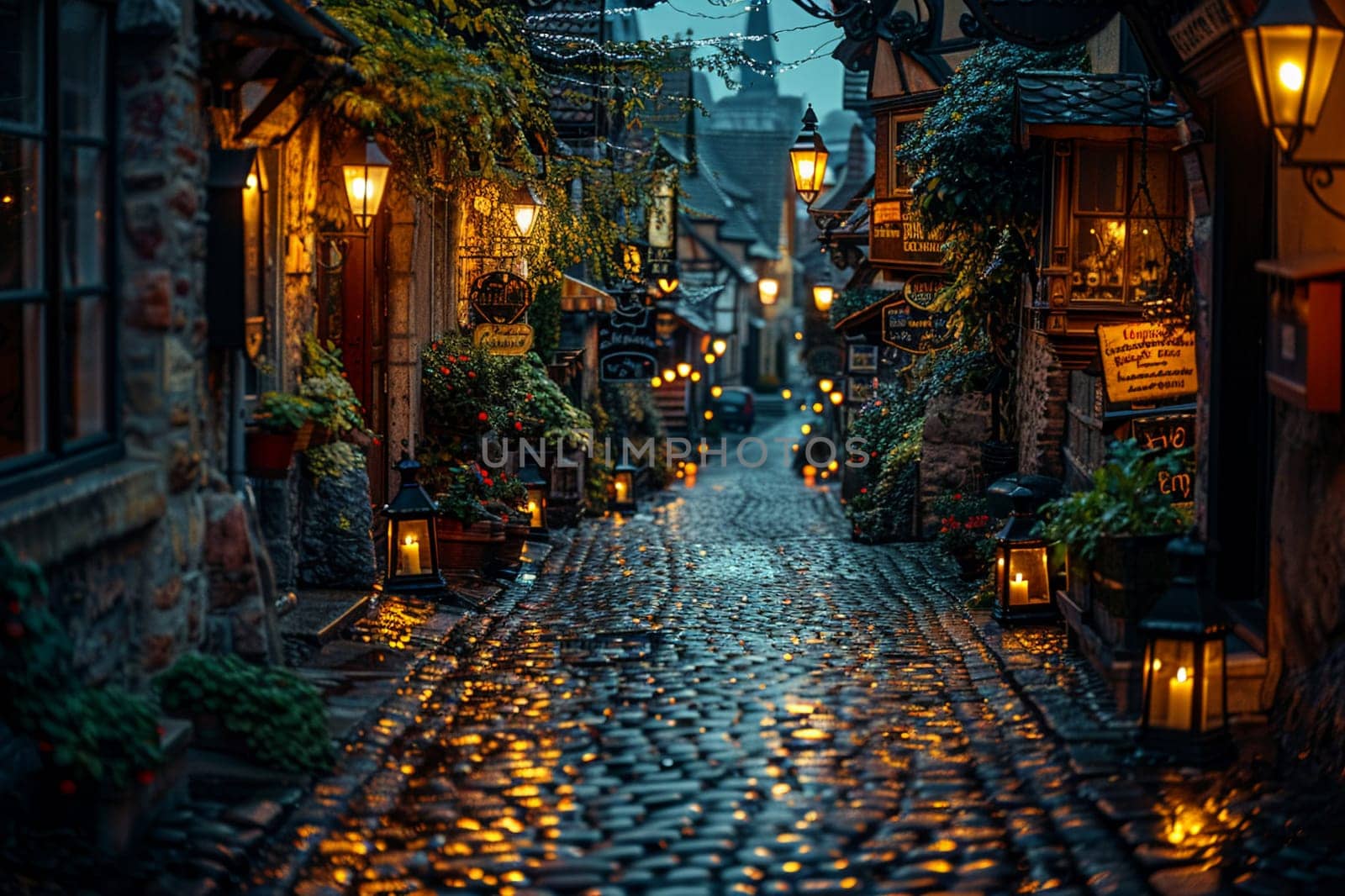 Lantern-lit Alleyway in a Historic European Town The light blurs with the bricks by Benzoix