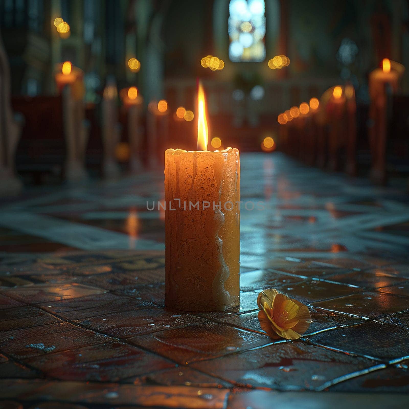 Solitary Vigil Candle Burning in an Empty Chapel, The flame blurs with hope, a flicker of faith in the quietude.