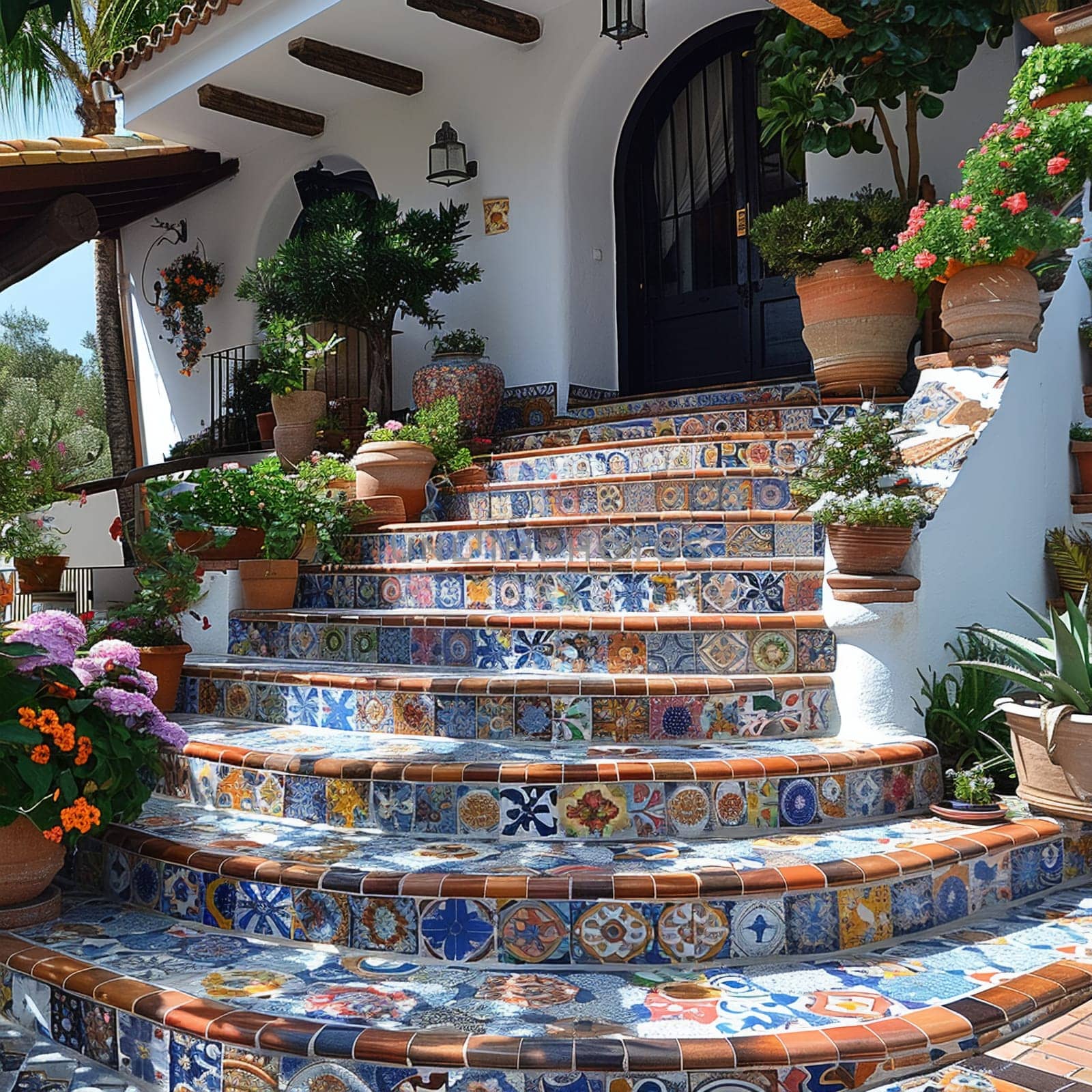 Tiled Mosaic Podium in a Mediterranean Courtyard, The colorful tiles blur with the sunny ambiance, perfect for vibrant and exotic product lines.
