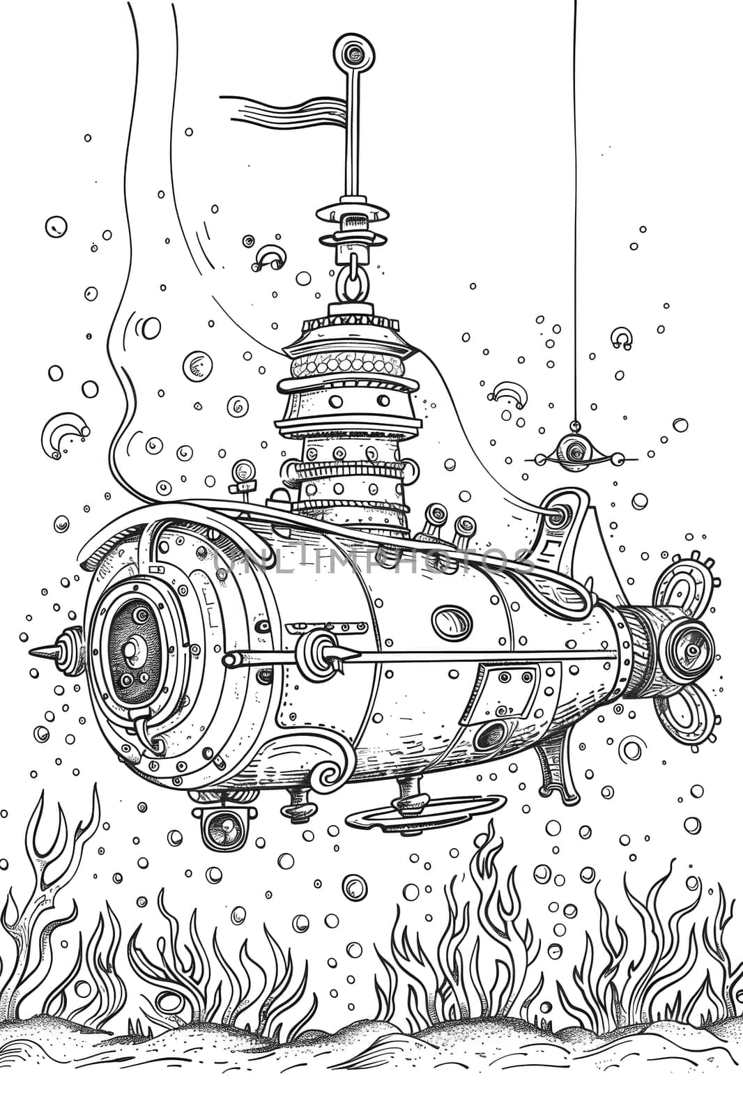 A monochrome illustration of a submarine in the ocean, done in a black and white sketch style. The art captures a sense of depth and mystery