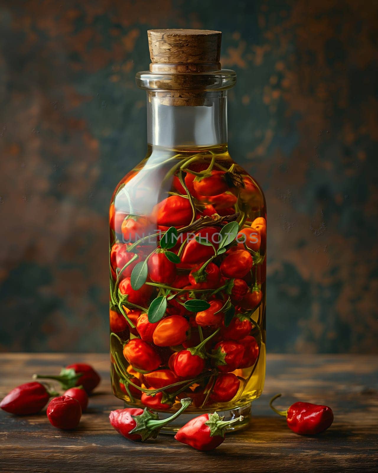 Chili-Infused Olive Oil in Glass Bottle. Selective focus.