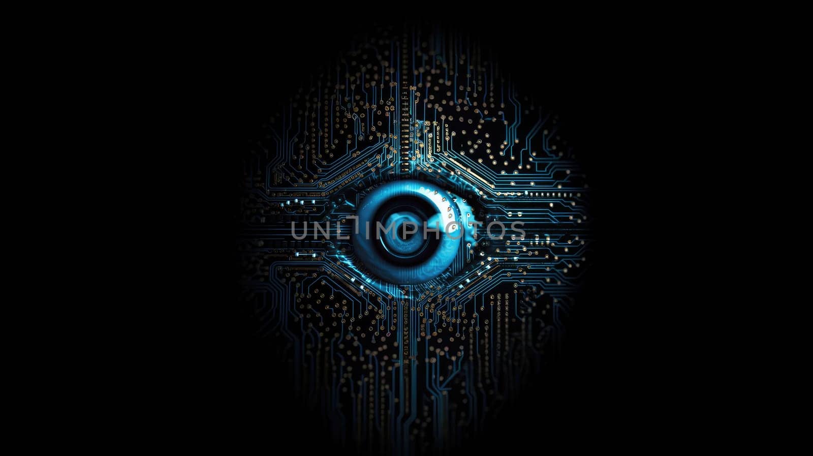 Technological eye with circuit board patterns. Cyber security and artificial intelligence theme. Design for digital identity, futuristic technology. Close up of eye surrounded with microchip. AIG35.
