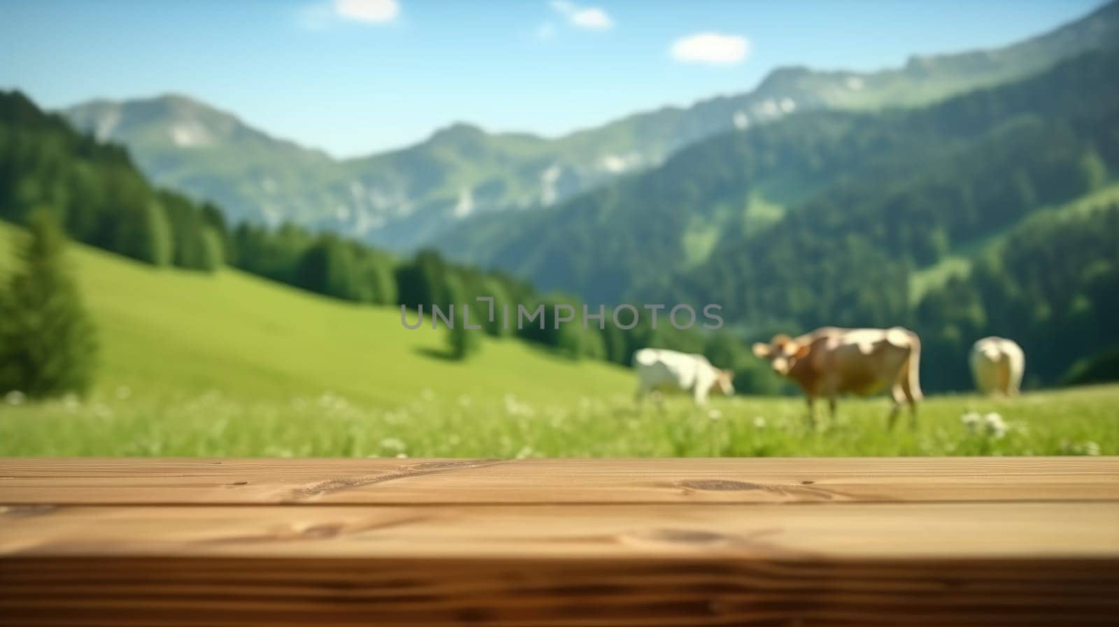Wooden table foreground with alpine meadow and cows with mountain backdrop. Rural life and eco-tourism concept. Cow walking and eating grass at animal farm with green mountain and blue sky. AIG35.