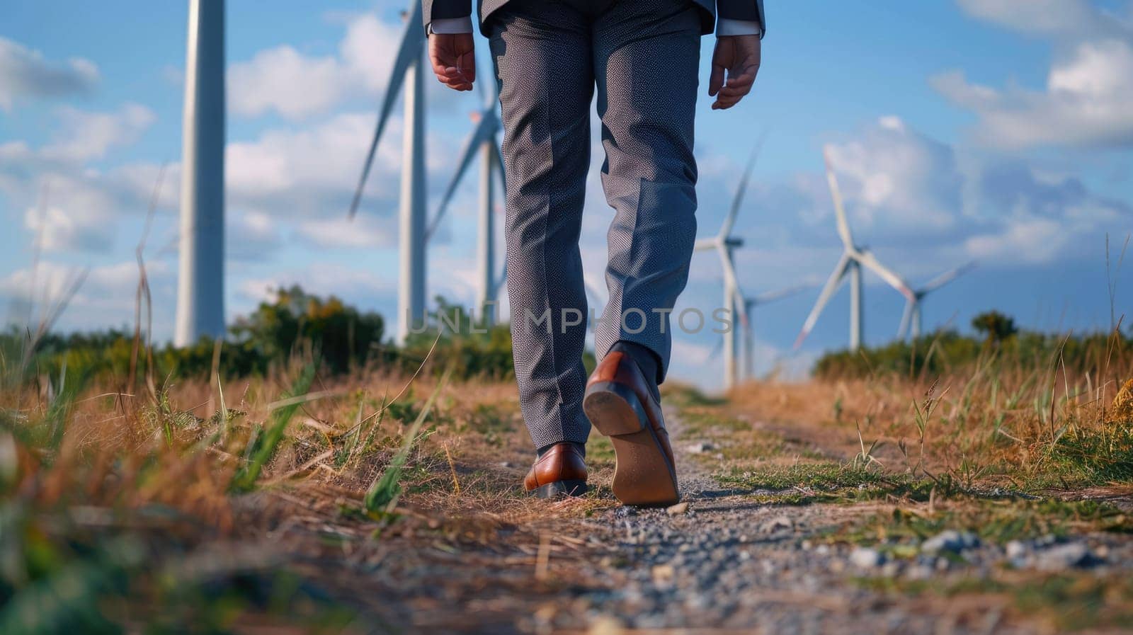 The picture of the person is working as business person walking to work near a grass and windmill, the businessman require skill like management, negotiation, marketing and the communication. AIG43.