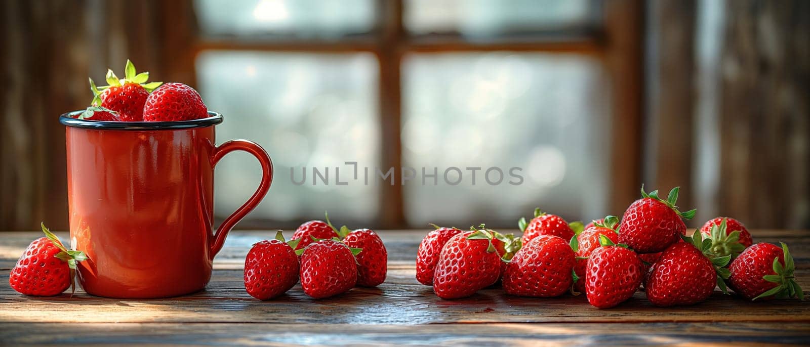 Red Cup With Strawberries on Wooden Table. by Fischeron