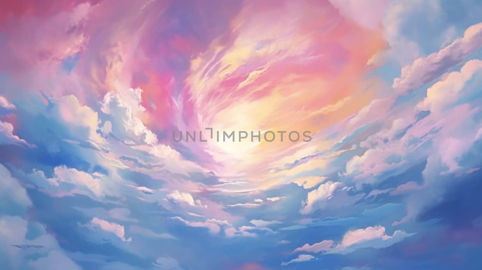 Surreal sky with swirling clouds and warm light at the center, painted in a vibrant, dreamlike style. Twilight sky with fluffy cloud background painted with pink and blue pastel watercolor. AIG35.