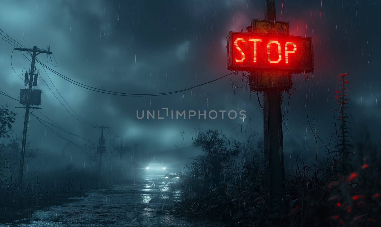 Illuminated Stop Sign at Dusk in the Rain. Selective focus.