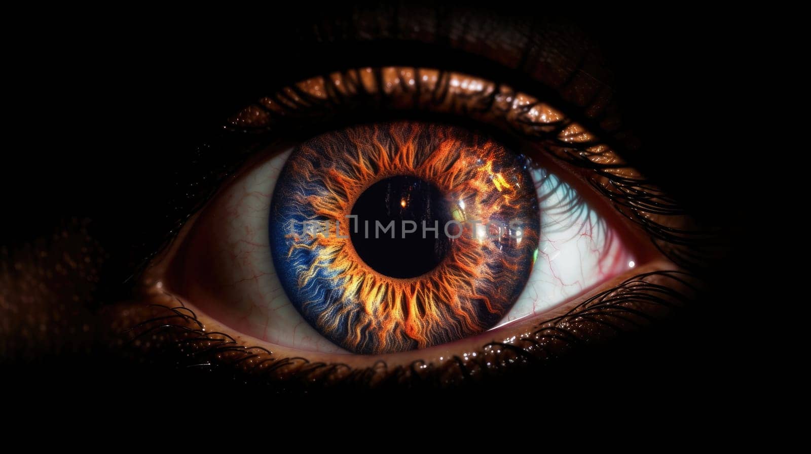 Close up of wide open human eye with galaxy reflection and glowing starry sky. Macrography of woman looking at camera confidently. Focus on eyes. Focus on eyes. Concept of vision and beauty. AIG35.