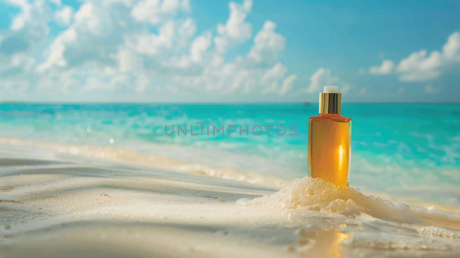 A bottle of perfume rests on the sandy beach as the sun sets over the tranquil water, casting a dreamy light on the fluid horizon and painting the sky with soft clouds AIG50