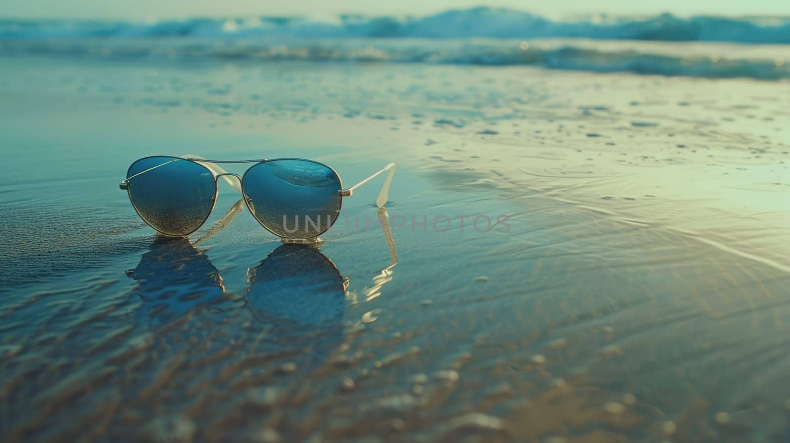 A pair of eyewear rests on a sandy beach by the ocean, surrounded by water and marine biology. The wind waves gently as beachgoers enjoy leisurely activities nearby AIG50