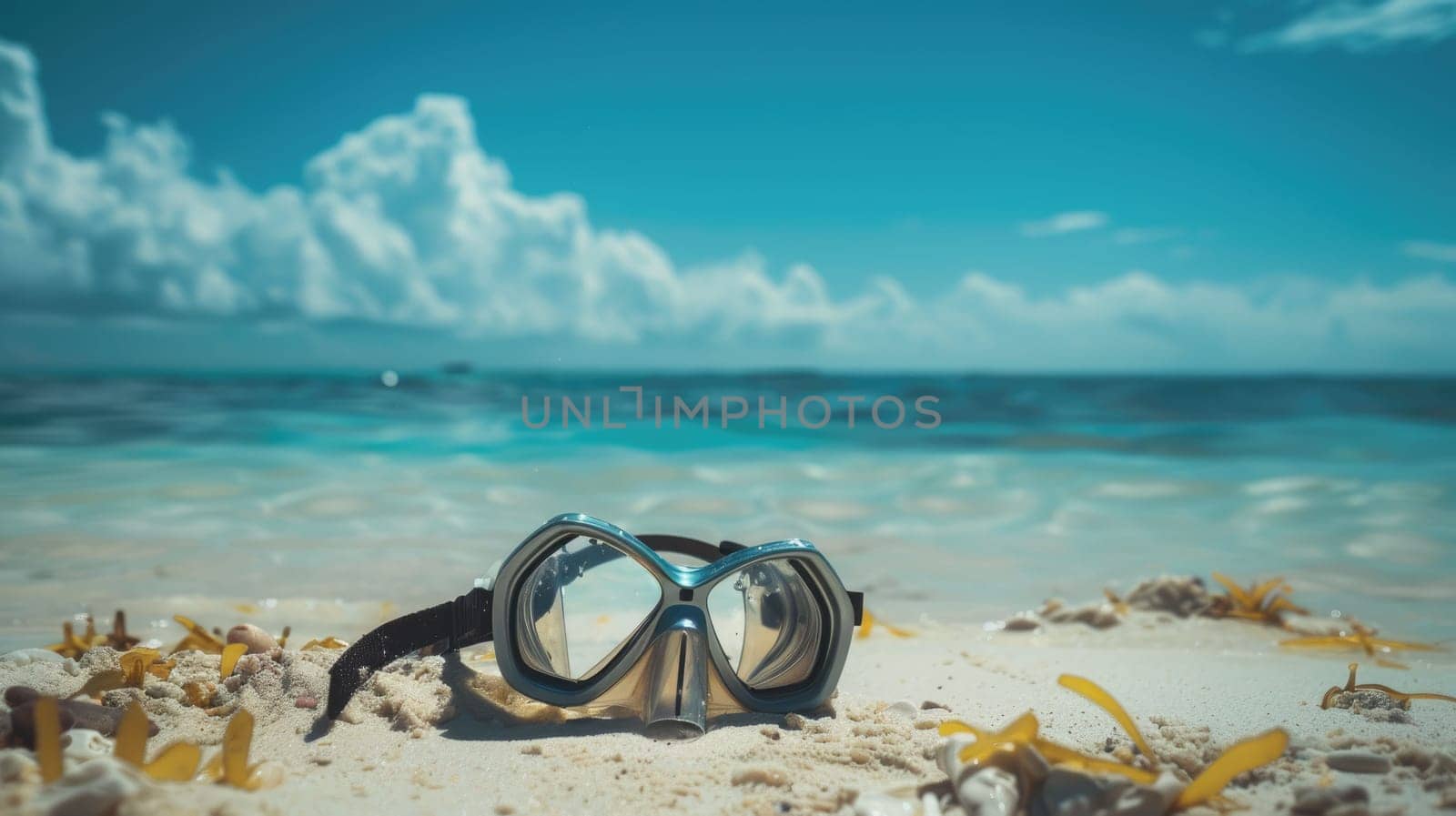 A pair of scuba diving goggles lay on the sandy beach, with azure waters and blue skies creating a picturesque natural landscape. Vision care eyewear for underwater adventures AIG50