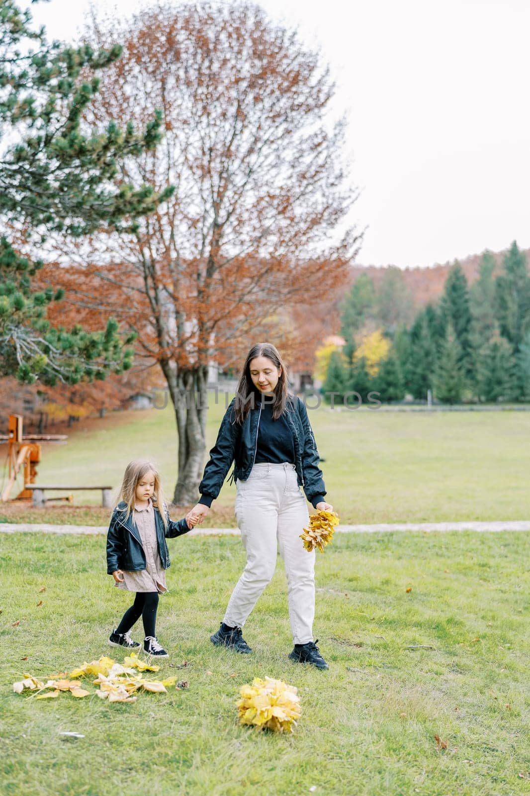 Mother with yellow leaves in her hand and a little girl walk holding hands along a green meadow. High quality photo