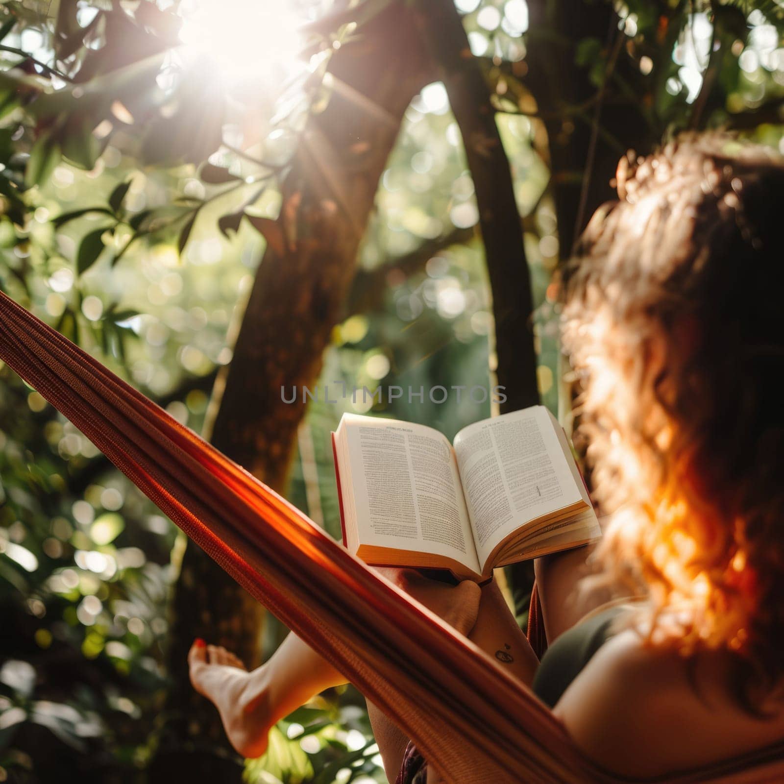 Relaxing in a hammock, surrounded by the tranquil landscape of trees and grass, a person enjoys leisurely reading a book under the shade of a terrestrial plant AIG50