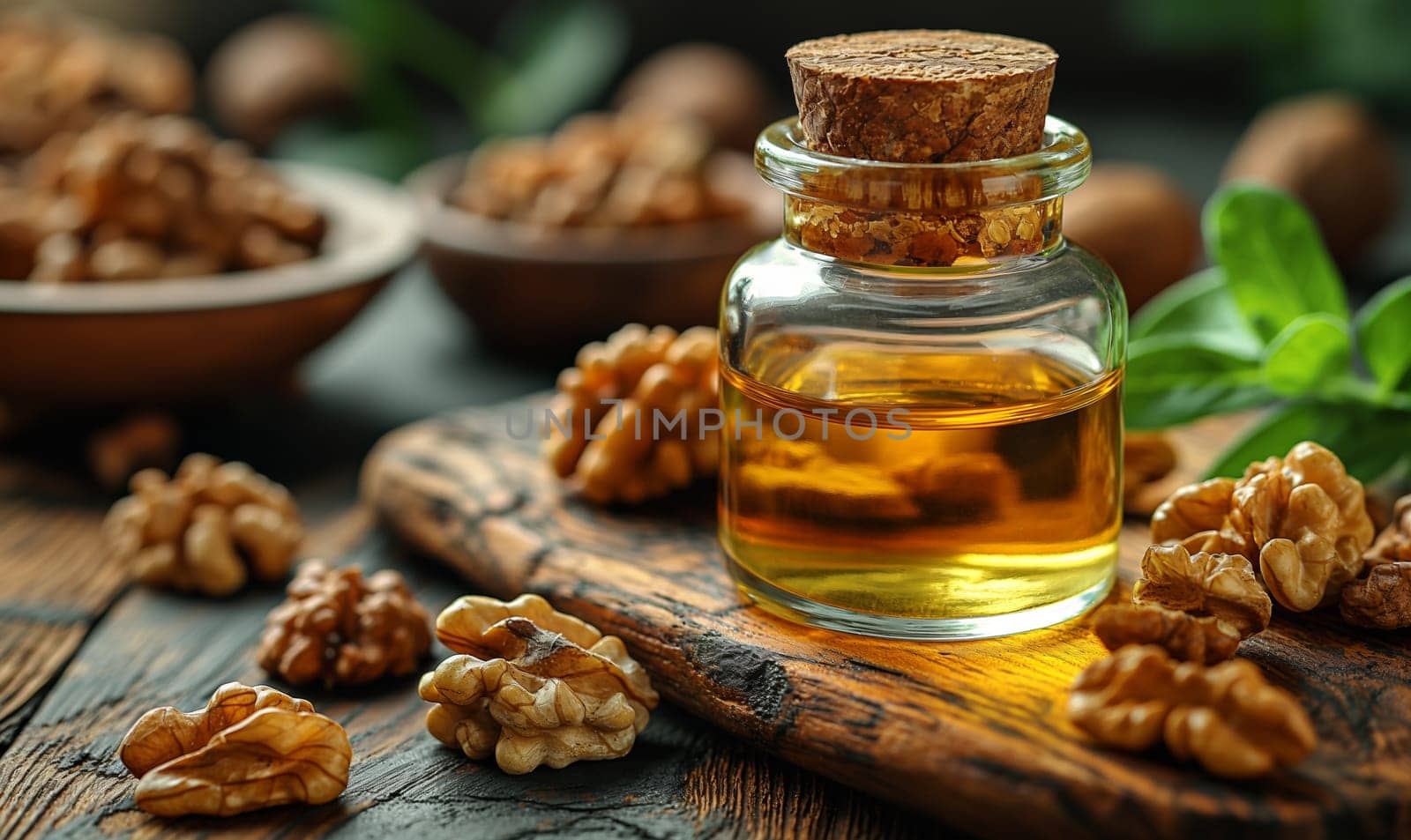 Walnut Oil and Whole Walnuts on Table. Selective focus.