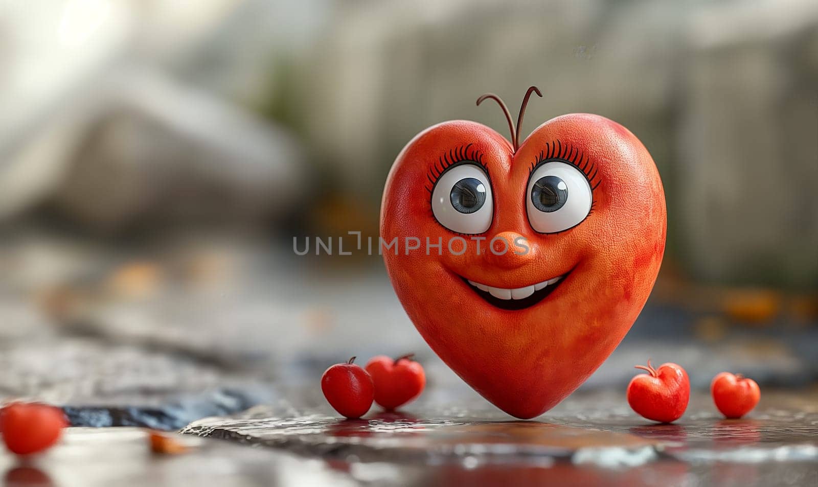 Cartoon, 3D, red heart shaped character. Selective focus.