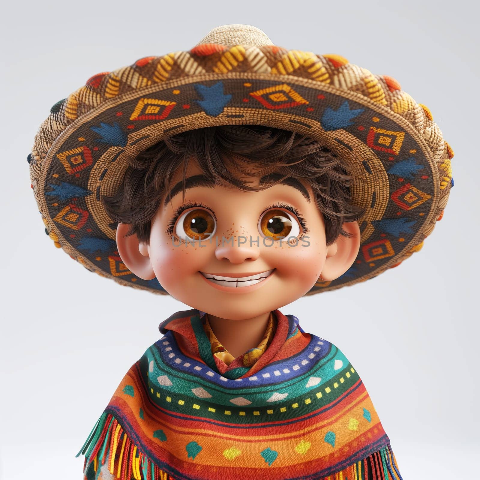 Cartoon, 3D boy in a sombrero and national dress. Selective focus.