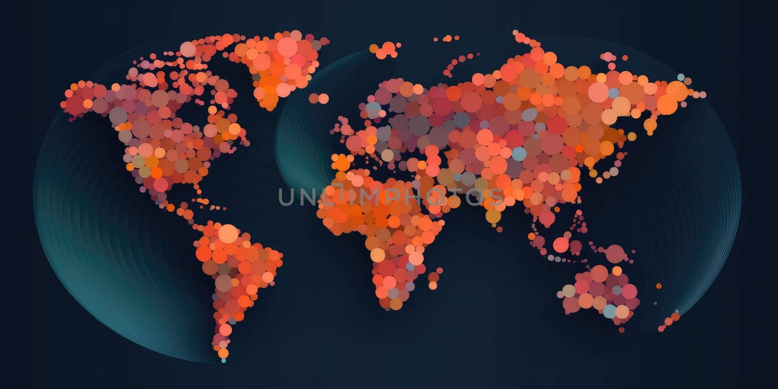 Stylized world map composed of multicolored circles on a white background with a modern artistic touch. Creative pattern of world map with colorful point with circle shape. Geography concept. AIG35.
