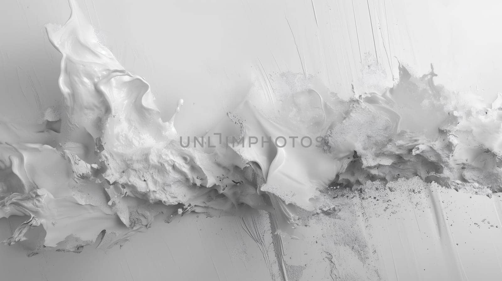 A black and white close-up of white paint splattered on a surface. The contrast highlights the texture and scattered pattern of the paint - abstract background - Generative AI