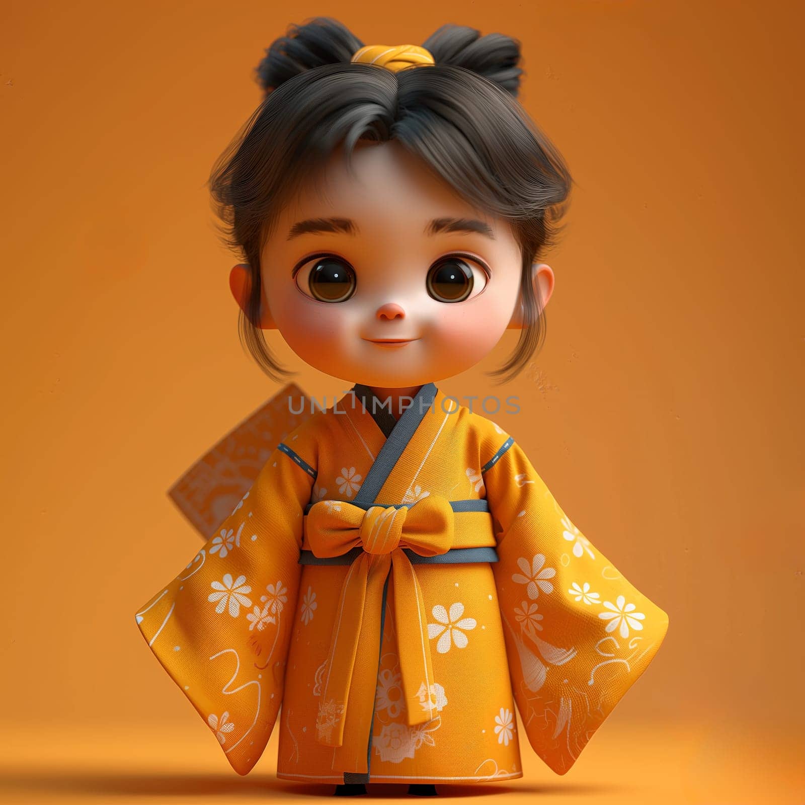 Cartoon, 3D girl in national traditional Asian attire. Selective focus