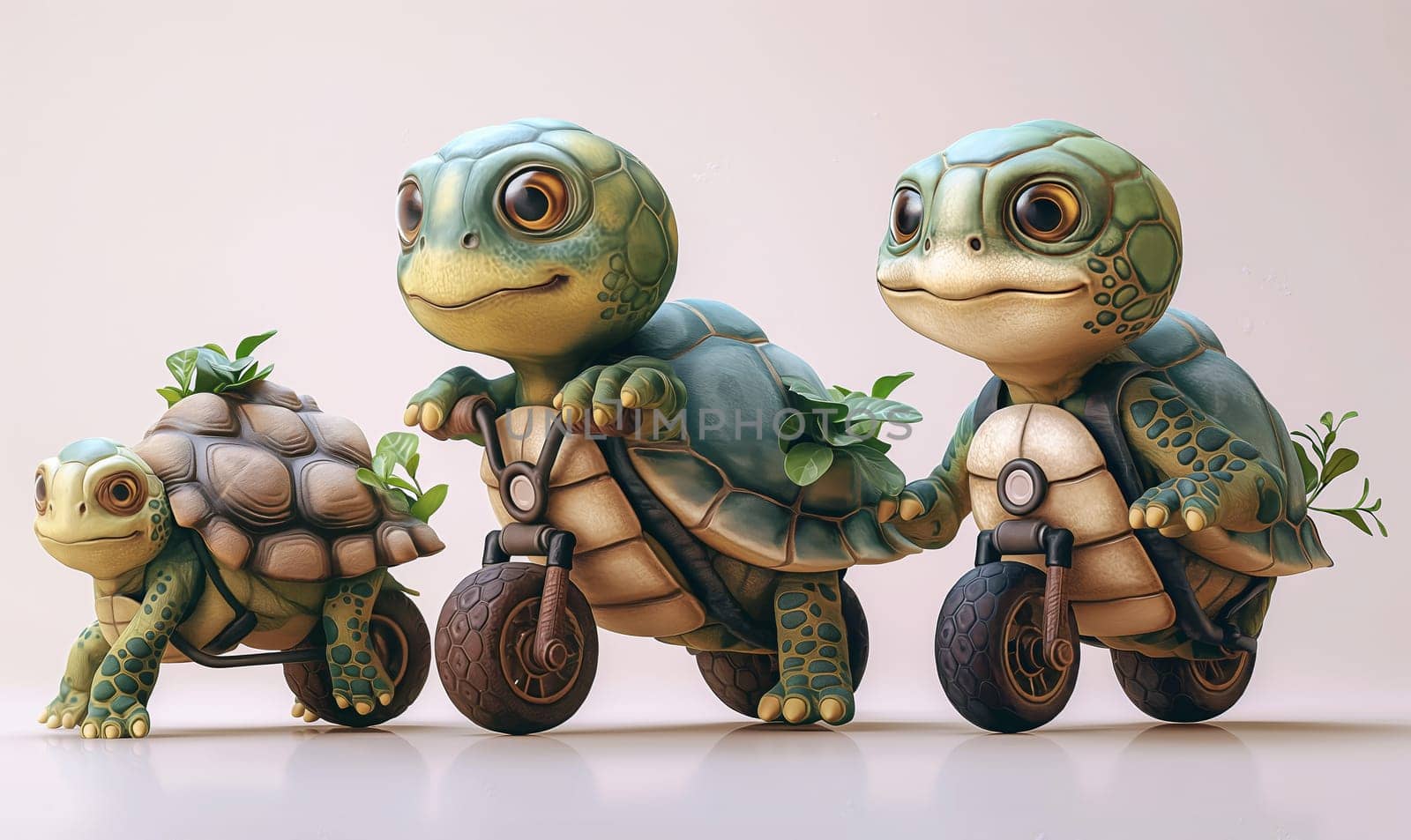 Cartoon, little turtles joyfully ride a scooter. by Fischeron