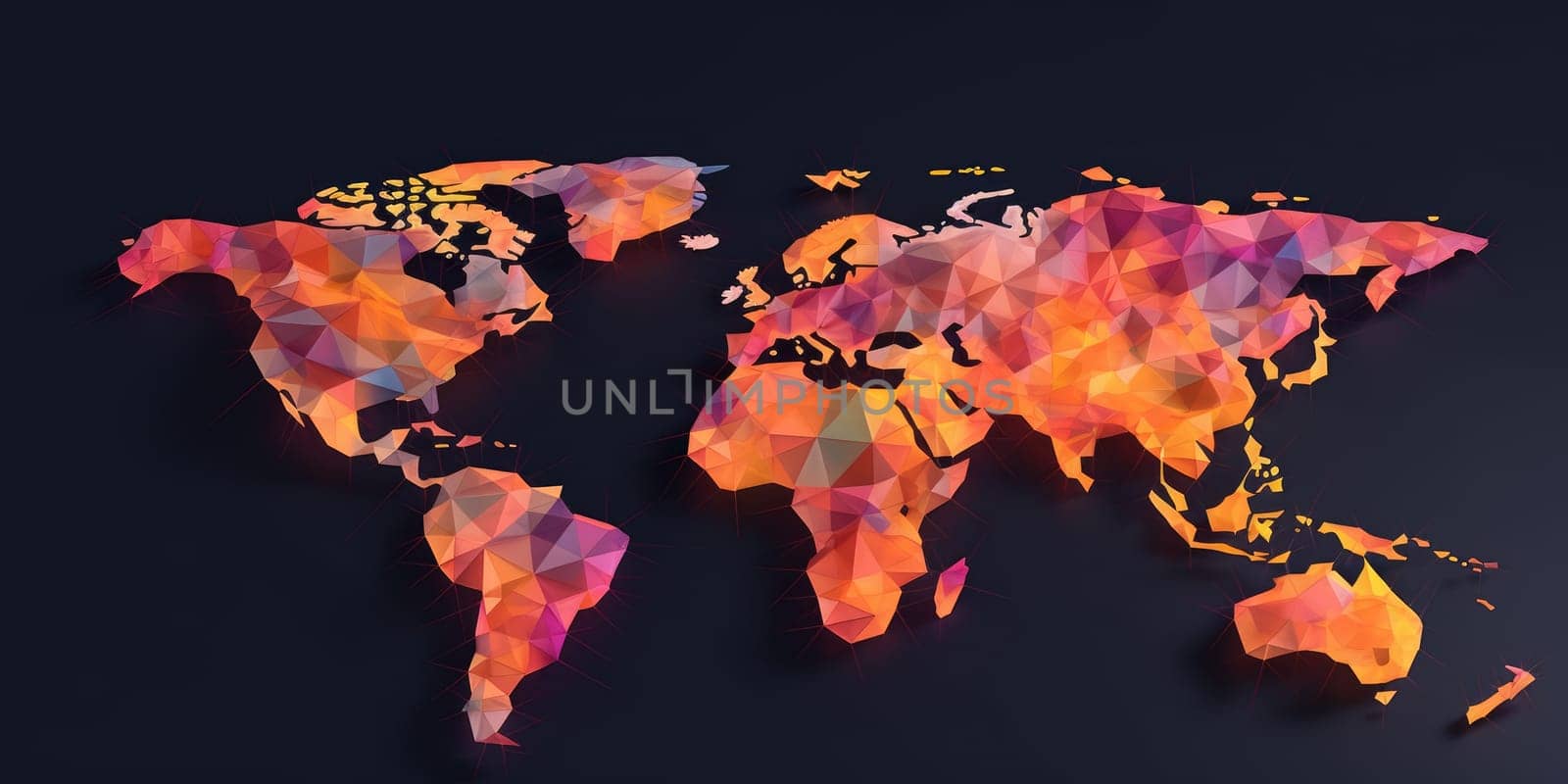 Polygonal world map on a dark background. The various bright world map made from polygon material. Geometric and digital data concept. Design for modern graphics, infographic, web background. AIG35.