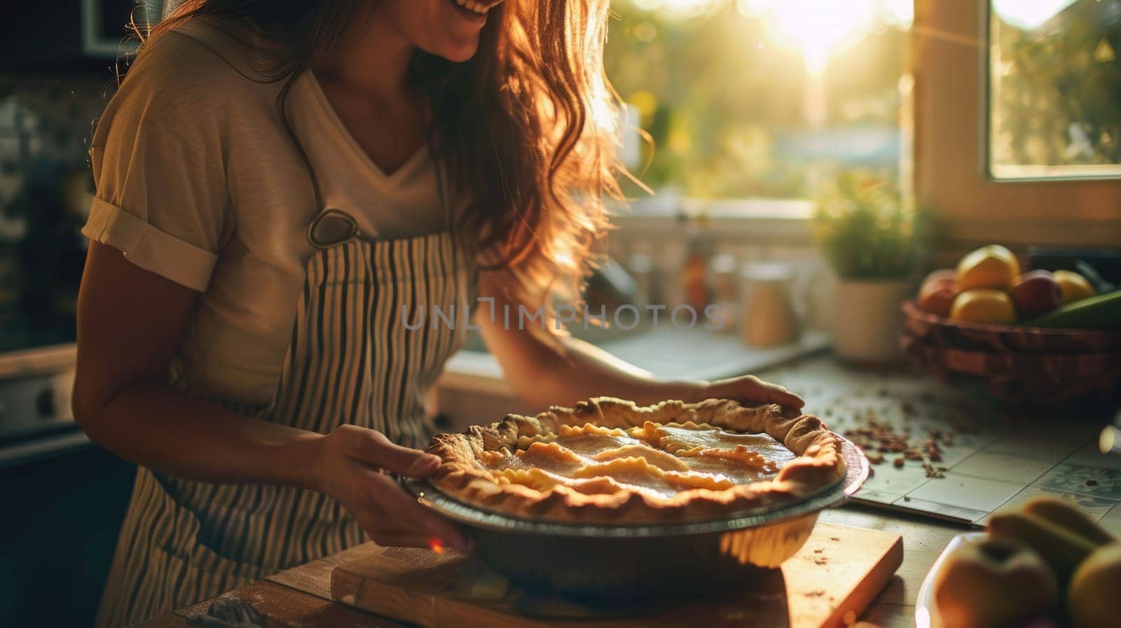 A woman is enjoying a piece of freshly baked pie on a tartan plate, savoring the flaky crust and tasty filling as she chews with satisfaction AIG50