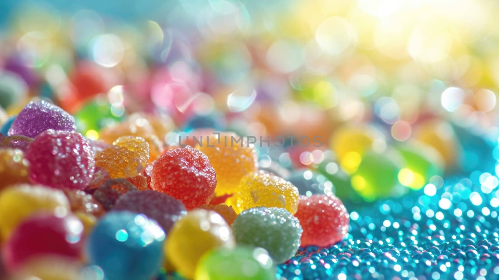 The close up view of picture of a lot of the colourful candy, sweet, sugar, and jelly that has been put around the table or floor and gathered together and has been filled with various sweet. AIGX01.