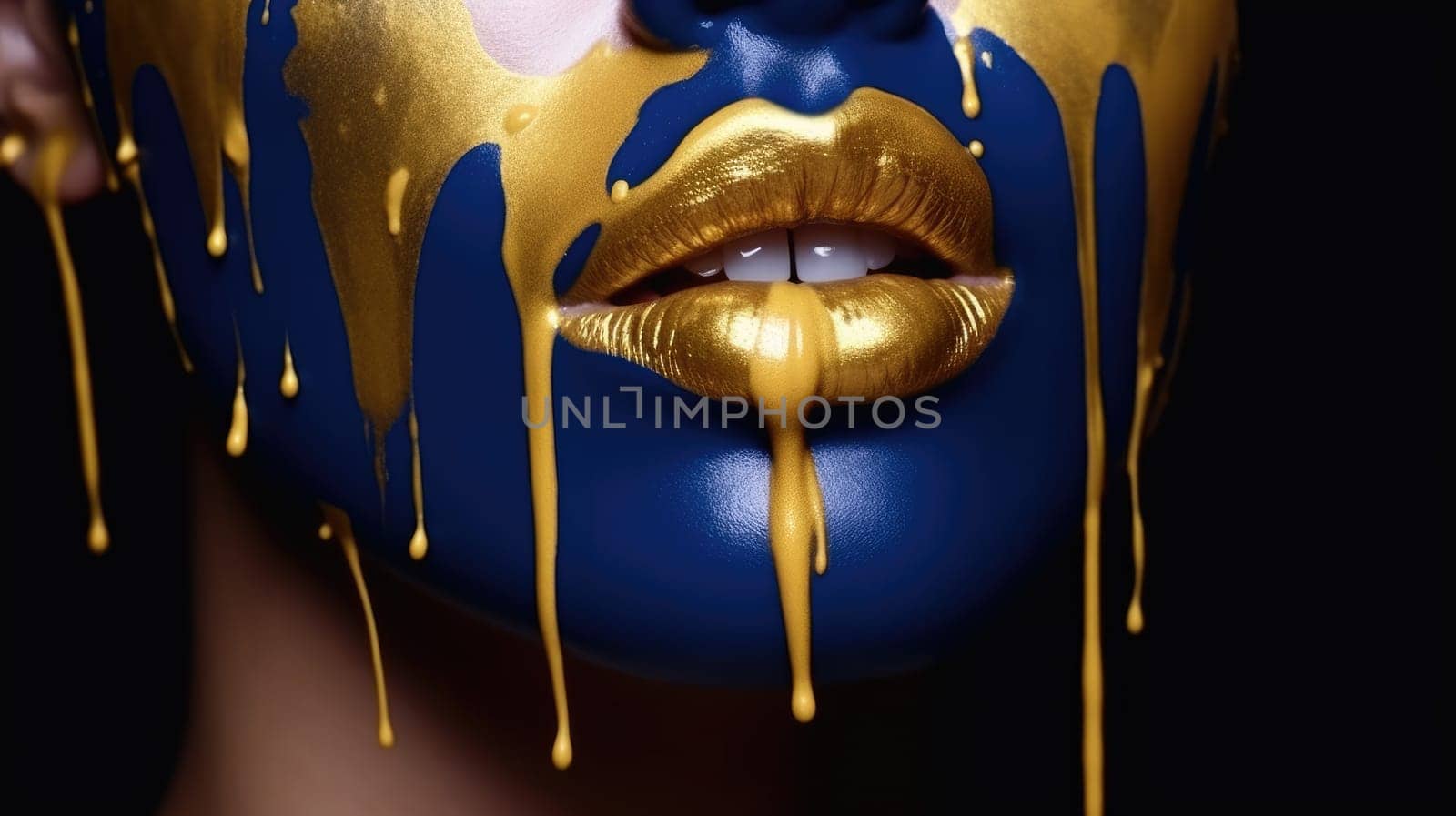 Portrait of a woman with dripping gold paint on blue skin. Close up of beautiful female face painted with stained blue and gold color. Conceptual art for beauty, fashion, and transformation. AIG35.