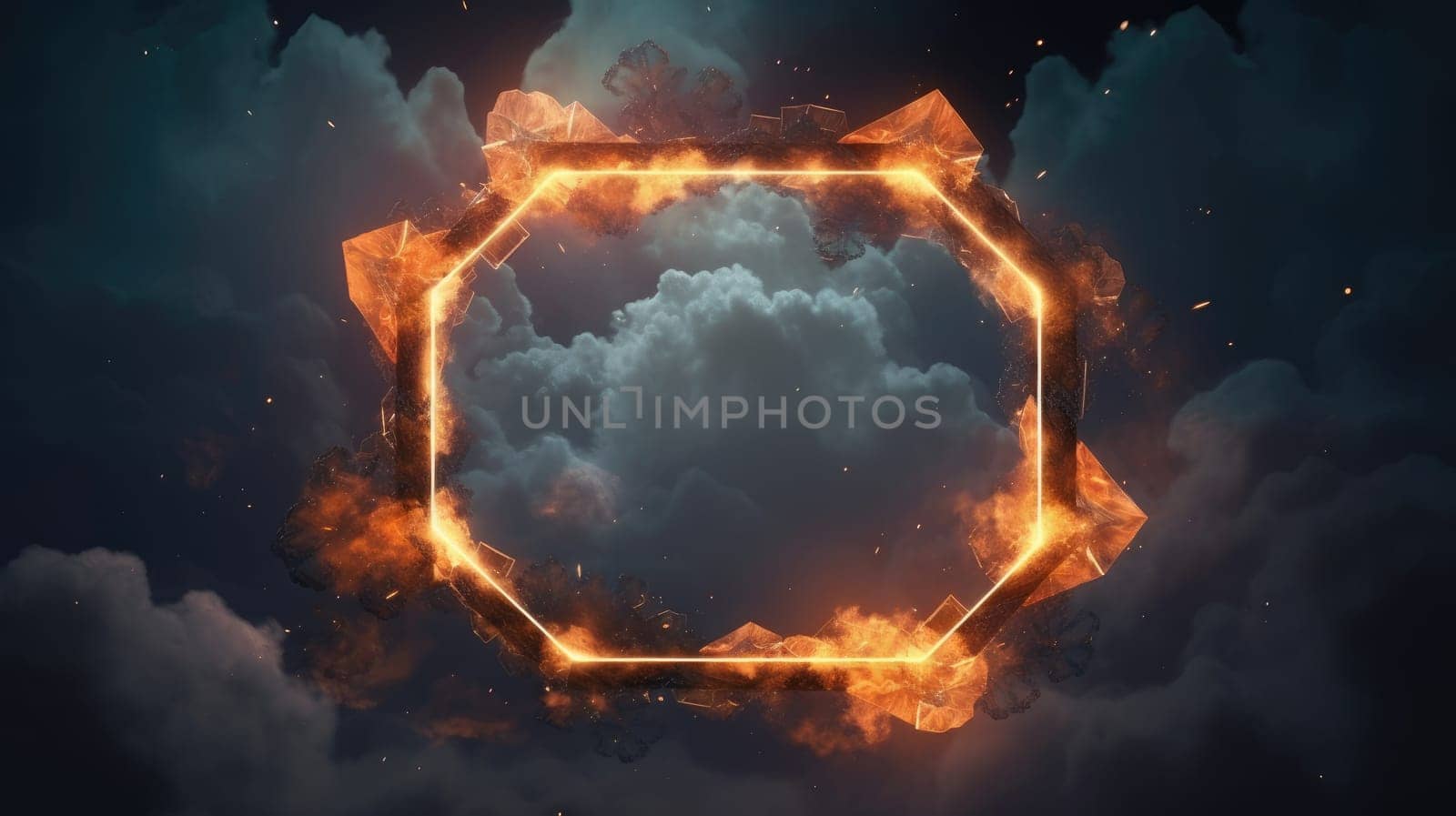 Glowing hexagonal frame in the clouds. Digital art with fiery effect and dark sky. Sci-fi and fantasy concept. Futuristic portal in hexagon shape surrounded with smoke. Design for wallpaper. AIG35.