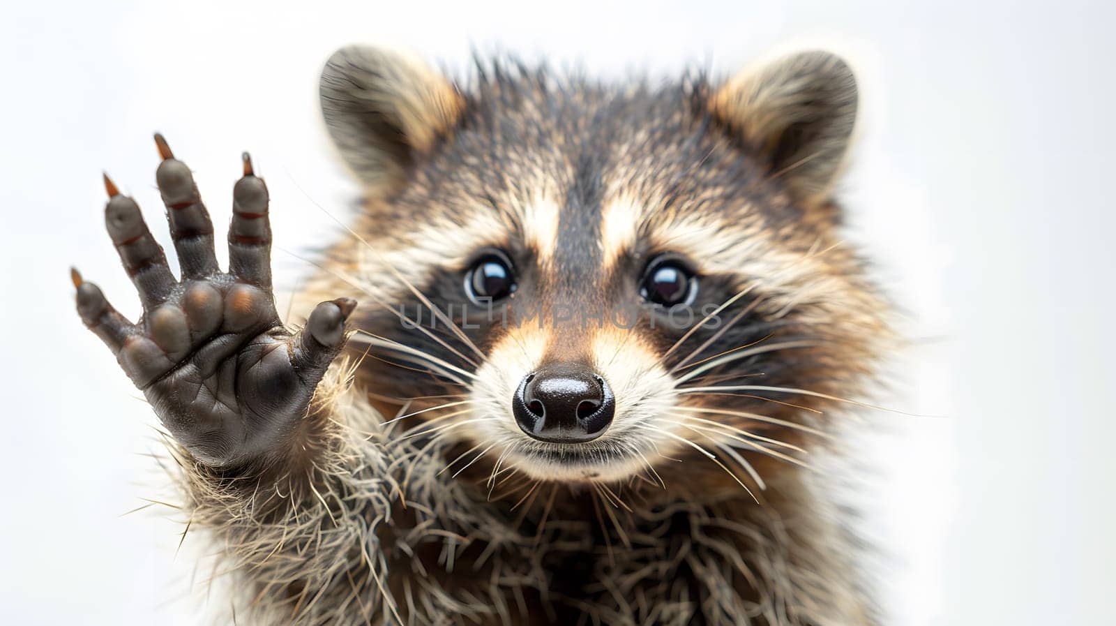 A terrestrial animal, the raccoon, with whiskers and fur, is waving its clawed paw at the camera. A member of the Mustelidae family, this carnivore showcases its snout in this wildlife encounter
