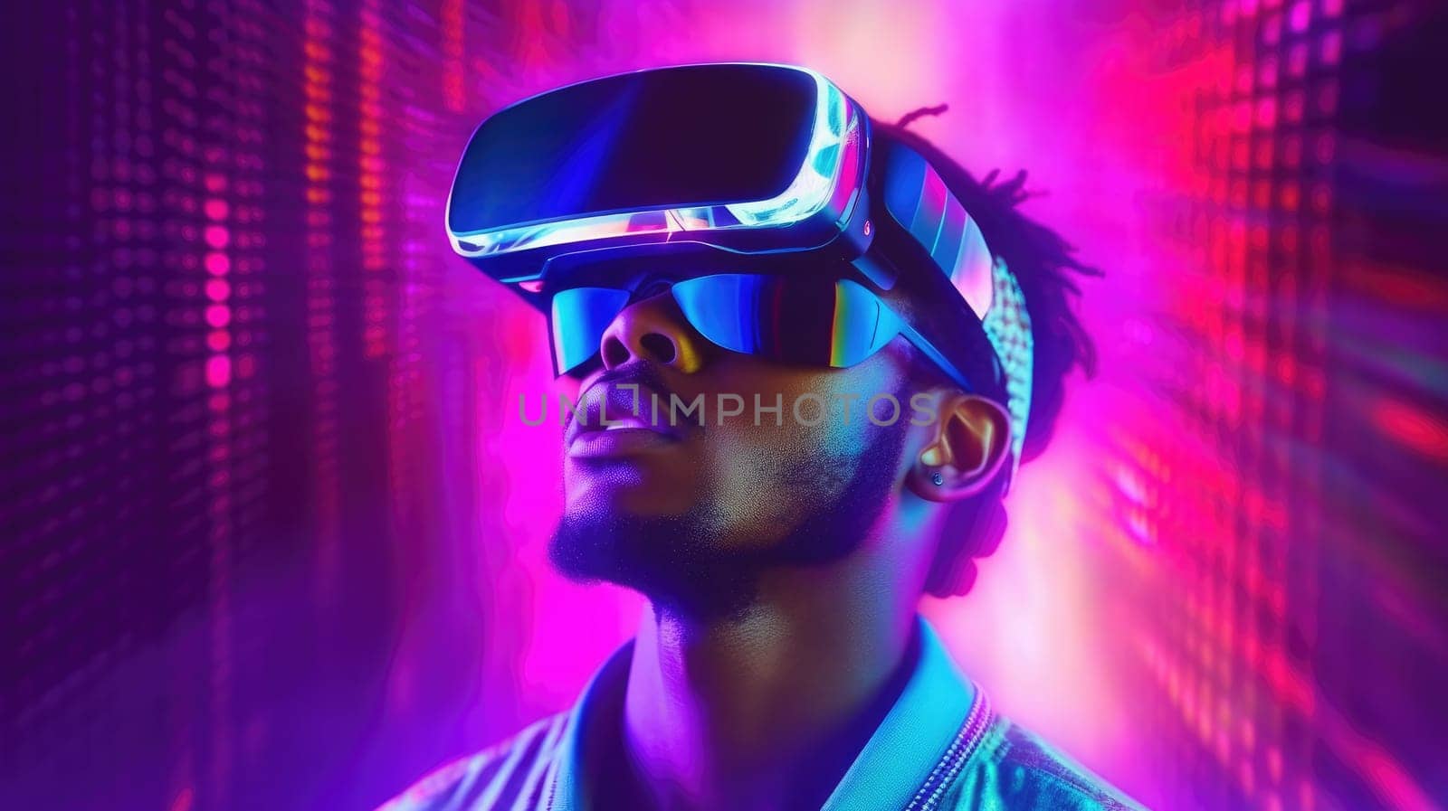 People wearing VR goggle while enter metaverse with neon color background. People with VR headset against abstract neon pattern background. Concept of virtual reality and futuristic technology. AIG35.