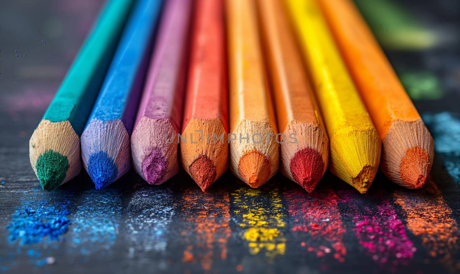 Row of Colored Pencils on Table. Selective focus.