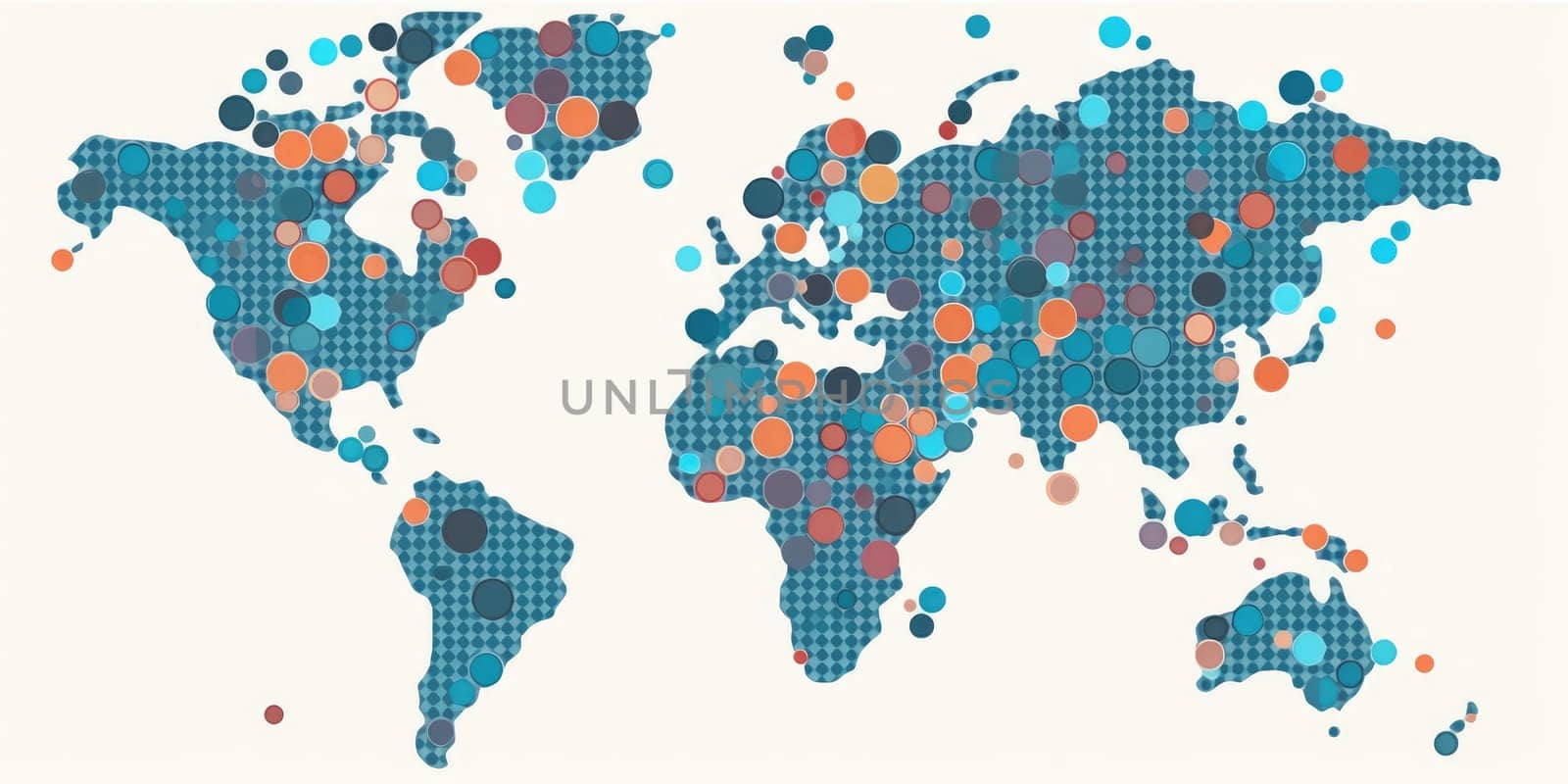 Abstract vibrant world map composed of multicolored circles on a light background. Global diversity and population distribution concept. Design for statistical graphics and cultural diversity. AIG35.