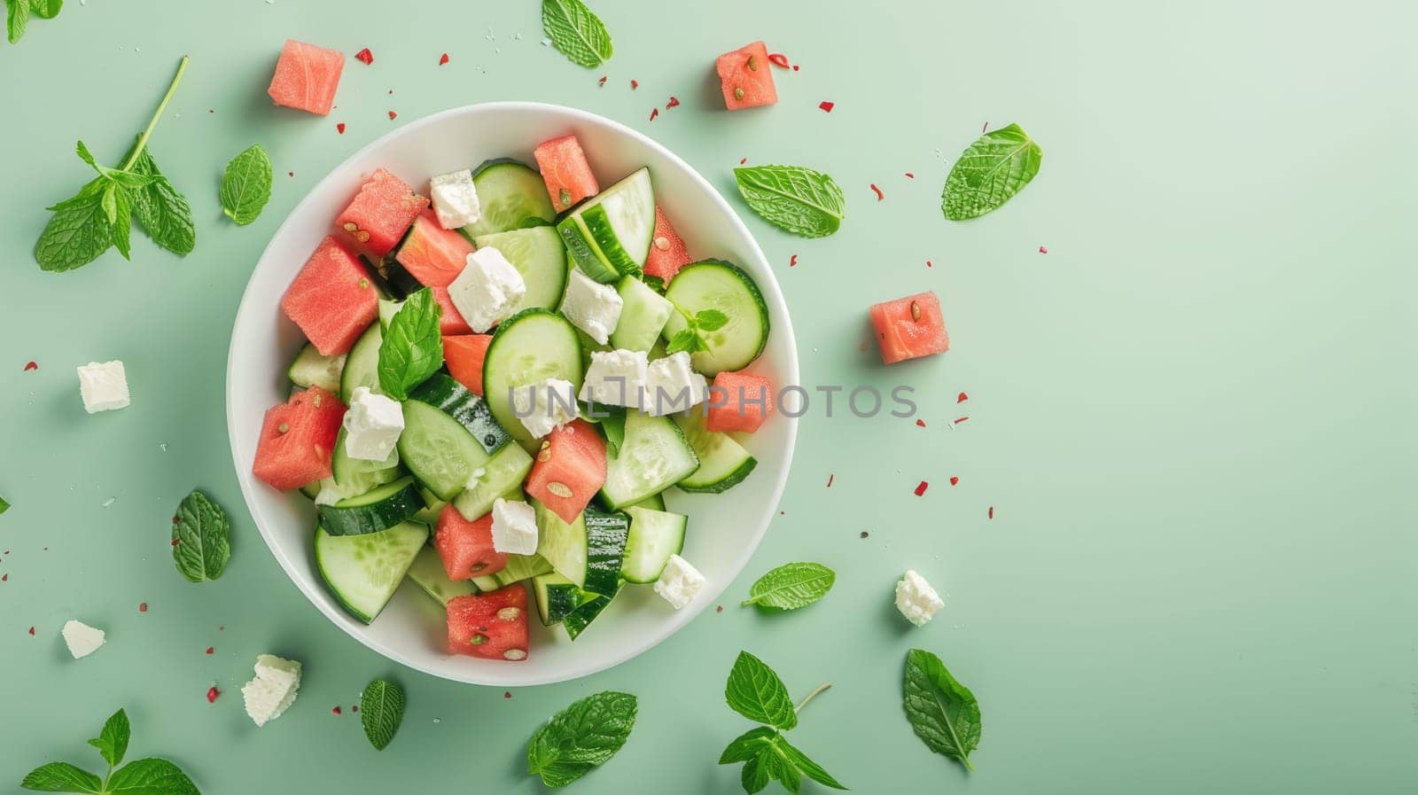 A refreshing salad featuring watermelon, cucumbers, feta cheese, and mint, served on a vibrant blue background. This dish combines fresh ingredients to create a colorful and delicious cuisine staple AIG50