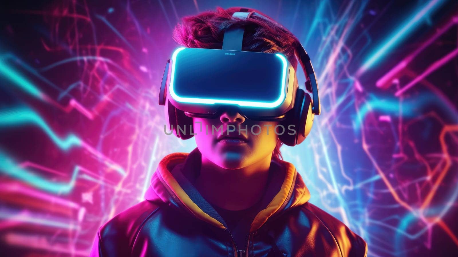 People wearing VR goggle while enter metaverse with neon color background. People with VR headset against abstract neon pattern background. Concept of virtual reality and futuristic technology. AIG35.