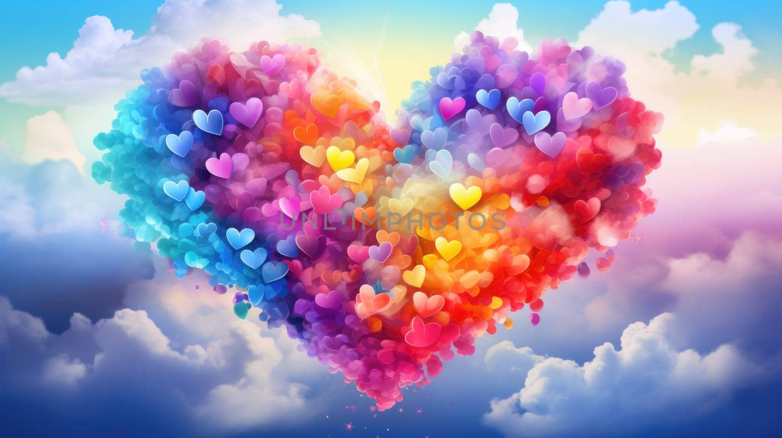 The picture of the colourful heart shape that flying beyond the sea of the cloud and atmosphere that bright and reflect the light by the sunlight of the daytime of summer or spring of year. AIGX01.