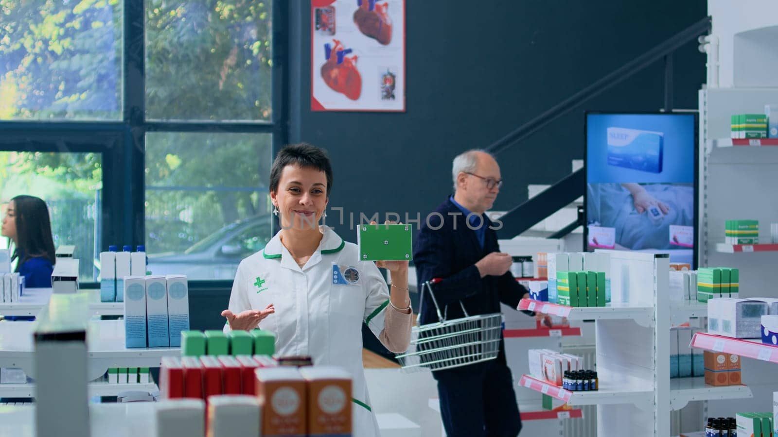 Portrait of smiling pharmacist in drugstore holding mockup packaged pharmaceutical product. Friendly healthcare professional ready to provide medicinal services to customers, holding pills box