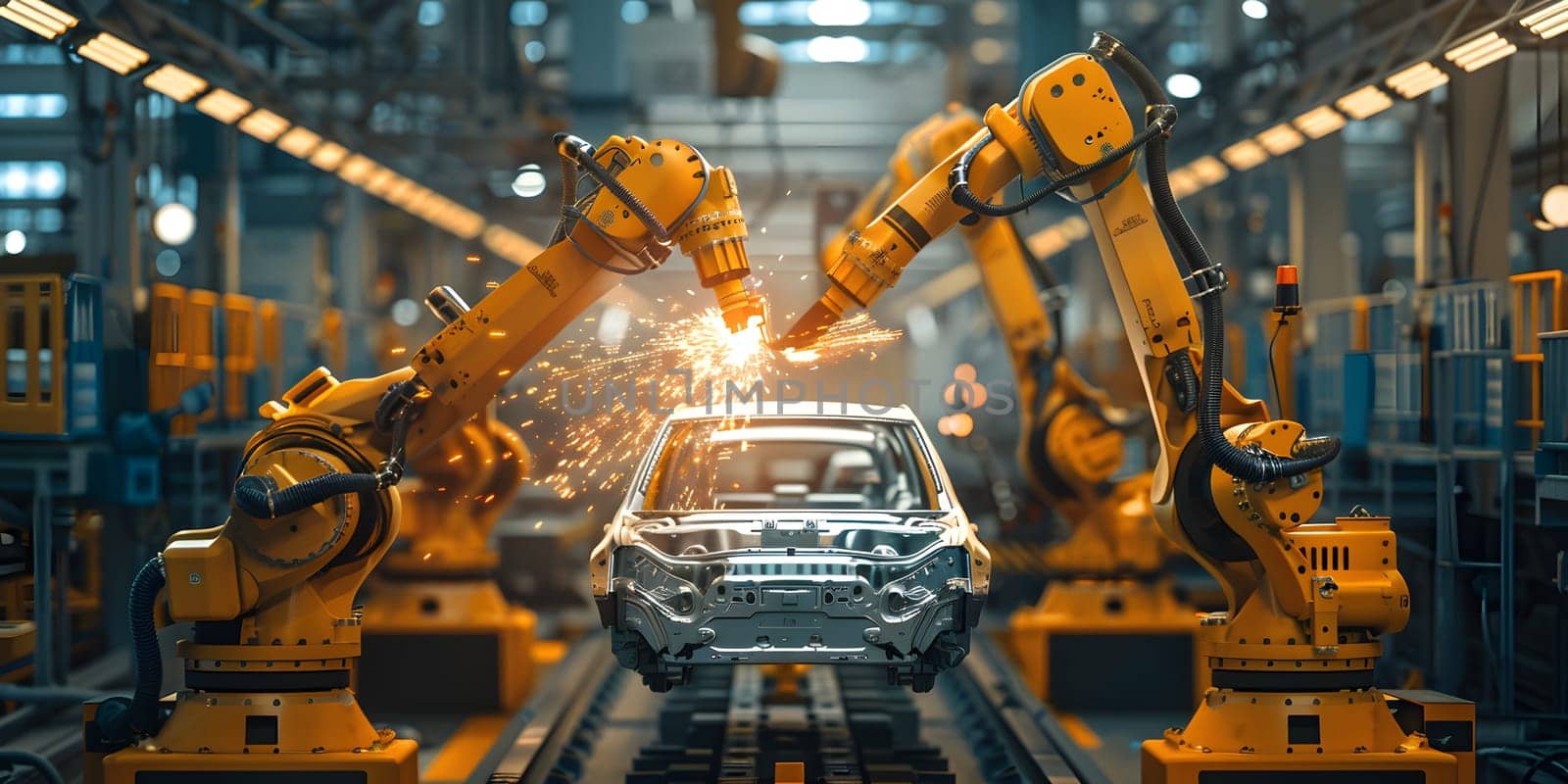 Robots in a factory are using engineering and composite materials to assemble a car, combining metal and steel casing pipes in the process