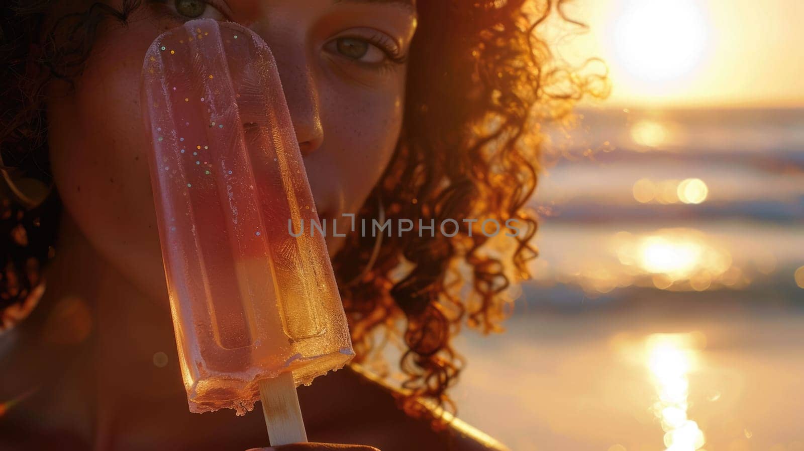A closeup photo capturing the womans eyebrow raised in surprise as she feels the cold piece of ice on her nose, with a happy expression in her eyes and a slight jaw gesture AIG50
